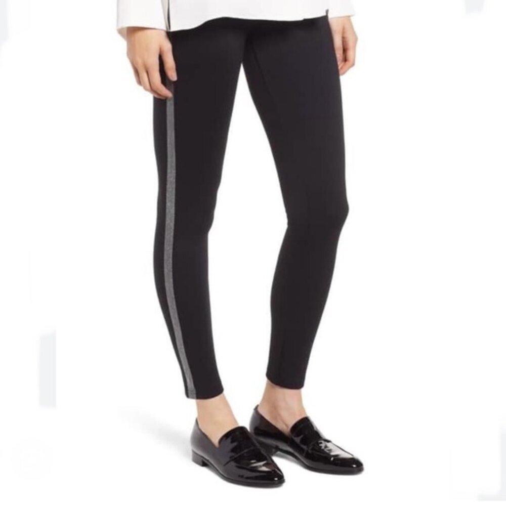 Hue Ponte Velvet Tuxedo Stripe Pants Pull On Slimming Straight Leg Minimalist M
